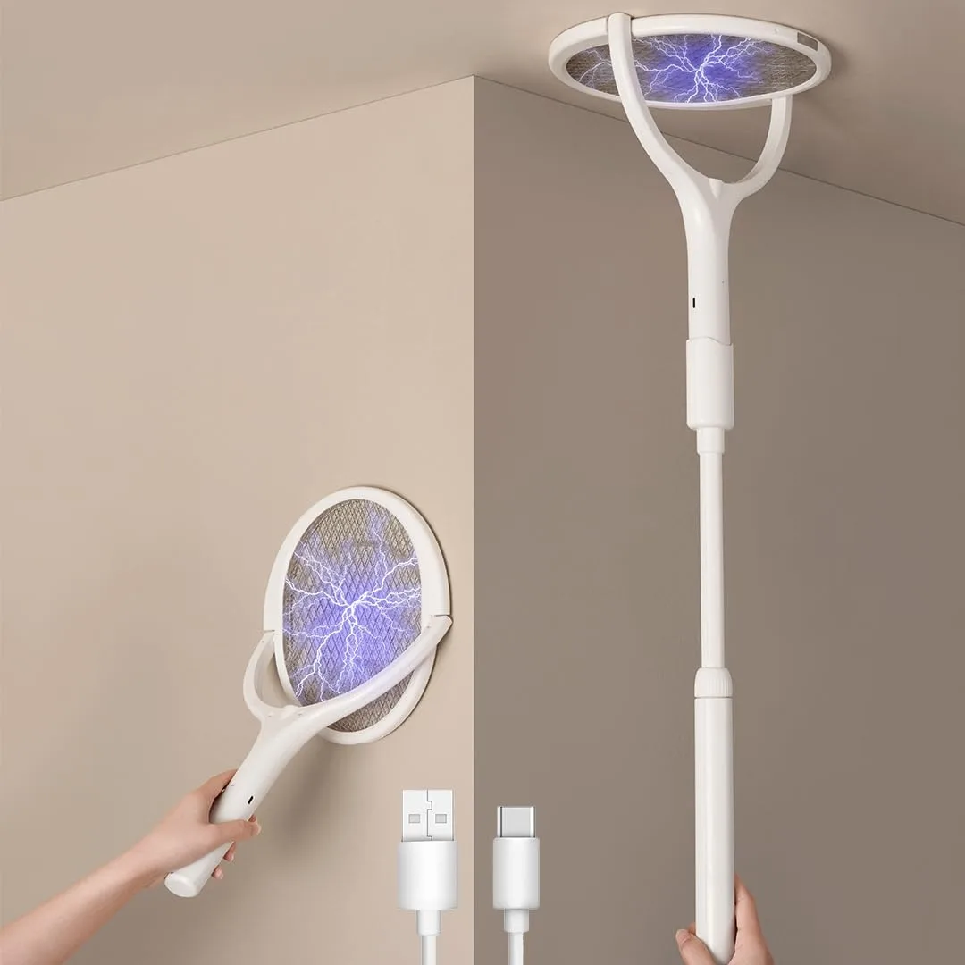 Two electric fly swatters with rotating heads and telescopic handles, grey and black finish