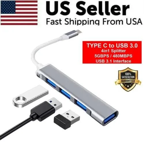 Silver aluminum USB-C hub with four USB-A ports and short cable