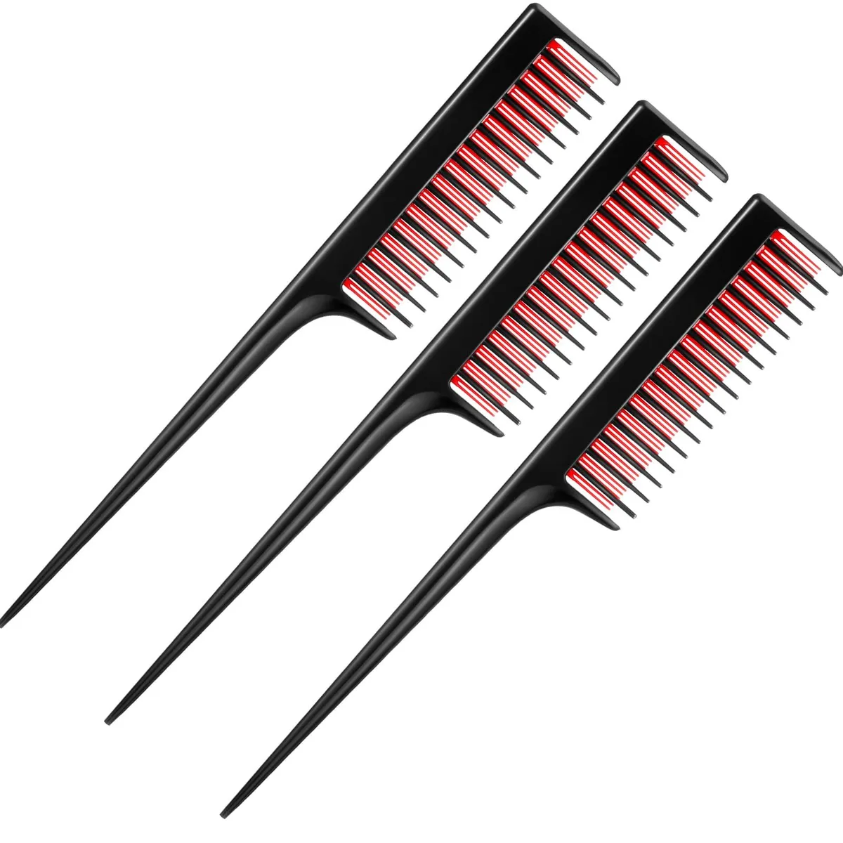 Three black and red plastic teasing combs with long tail handles and triple-row fine teeth