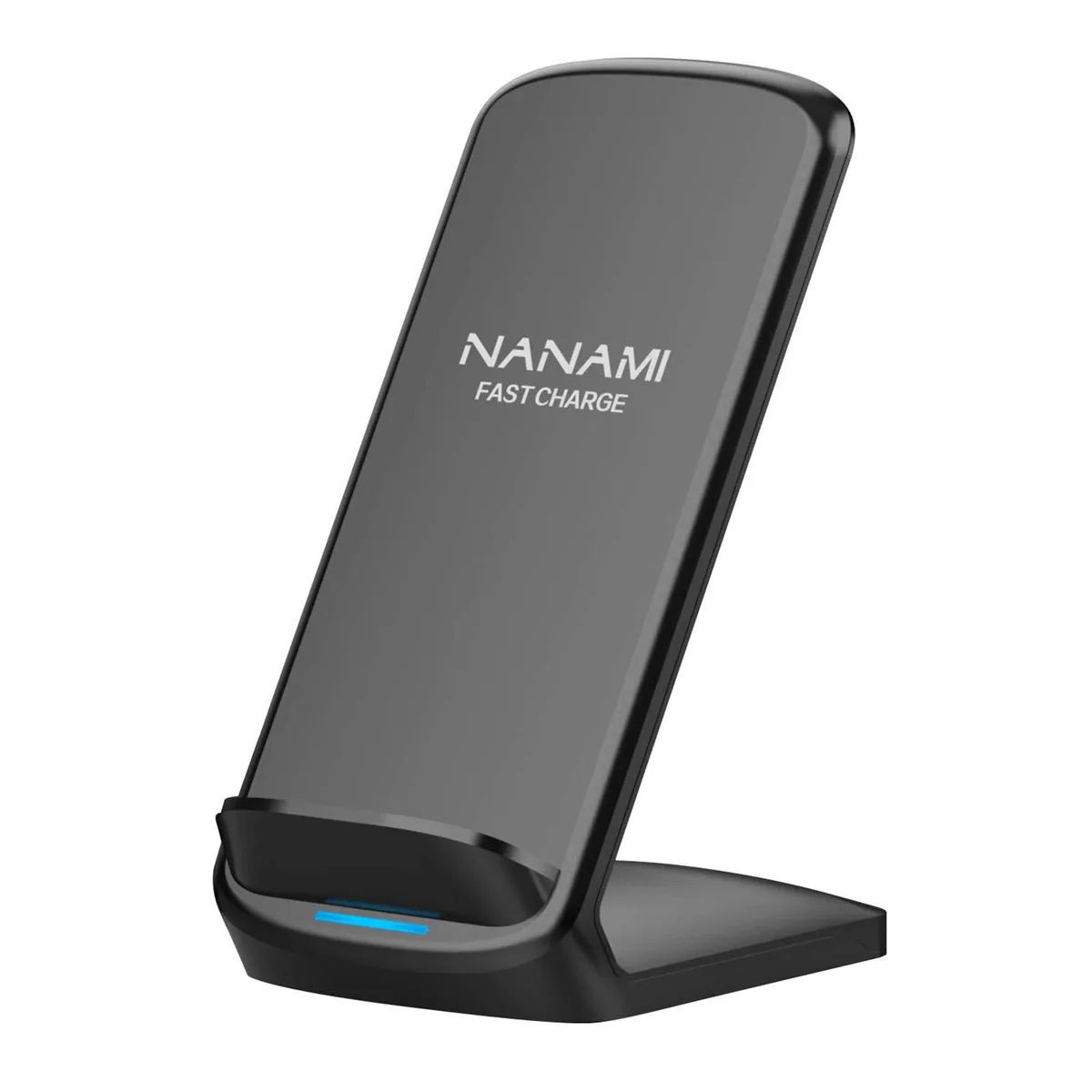 White upright wireless charging stand with dual coils and non-slip base