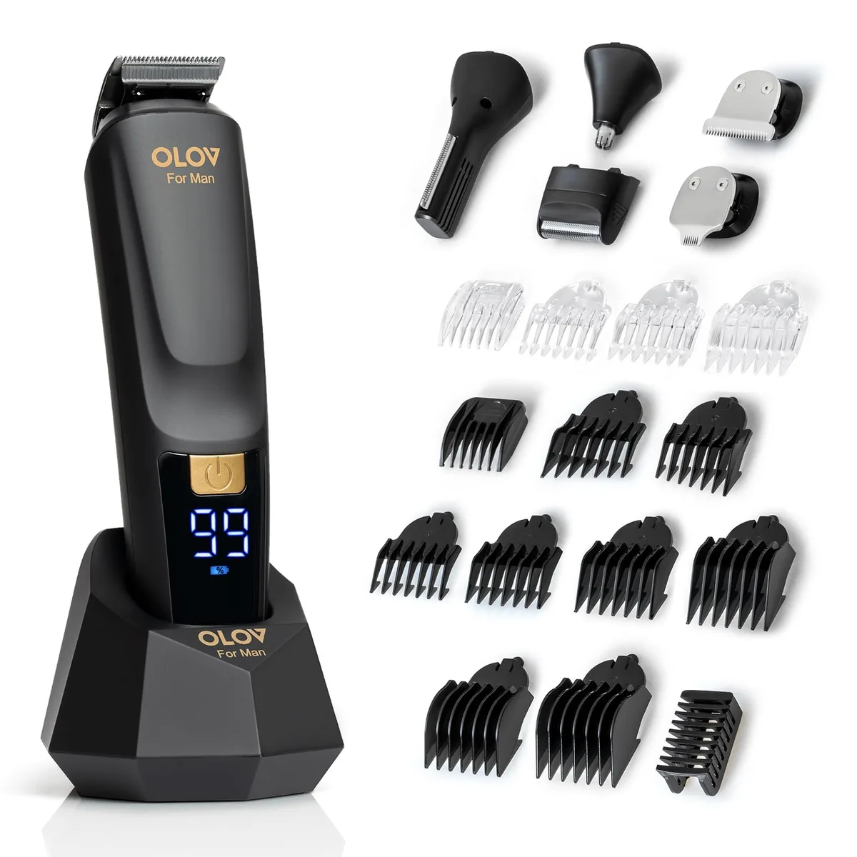 Black 21-piece grooming kit with trimmer, attachments and USB charging dock