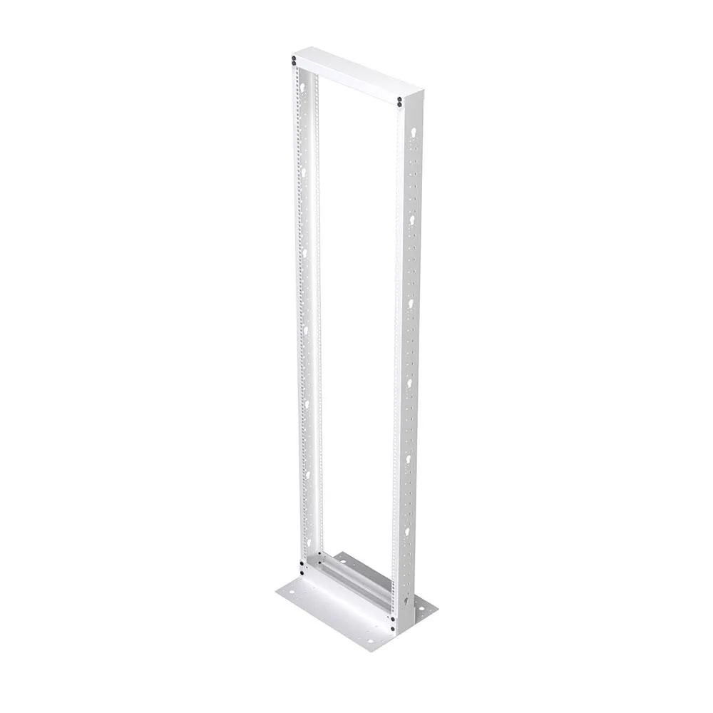 White 45U two-post open frame rack, cold-rolled steel, signal white powder coat, 19-inch EIA-310 compliant
