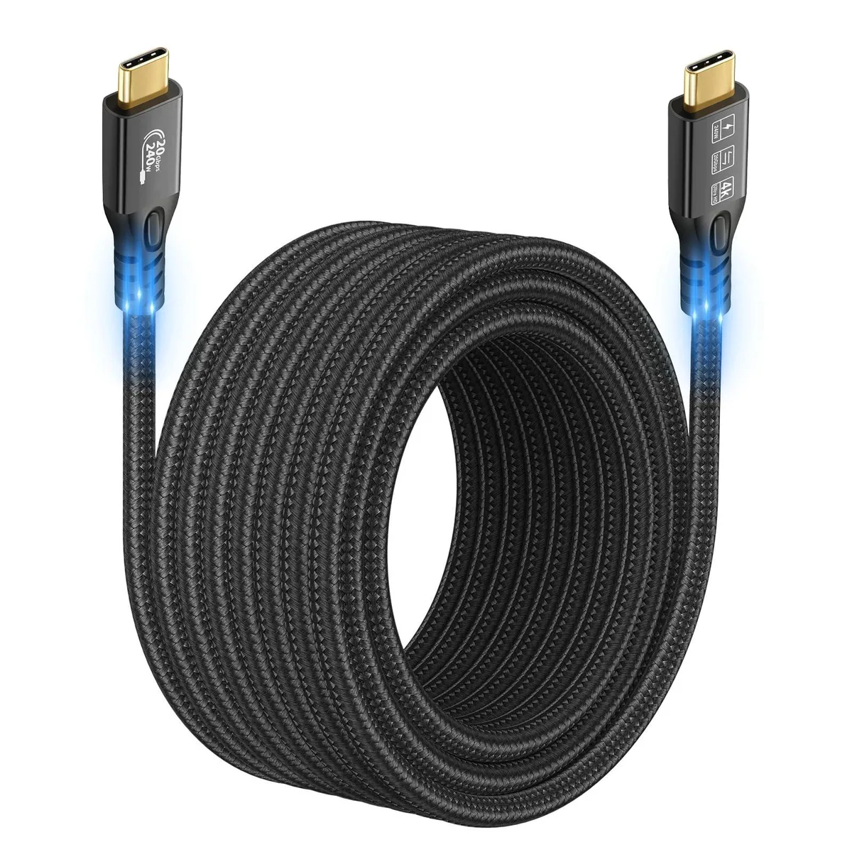 Black USB-C to USB-C cable with braided nylon jacket and aluminium connector shells, three metres long