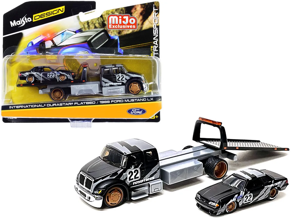 Maisto Maisto International DuraStar Flatbed Truck #22 &amp; 1988 Ford Mustang LX #22 1/64 Diecast Pair — product photo