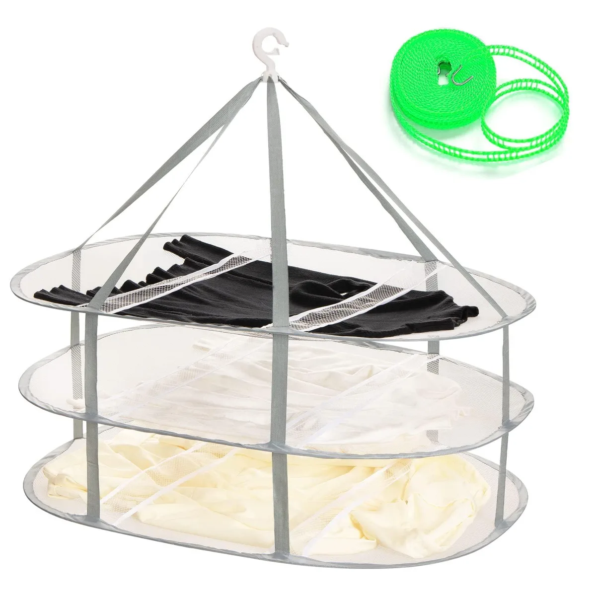 Three-tier folding mesh drying rack, 34 by 24.5 inches, oval frames, 360-degree swivel hook with clip, two windproof straps