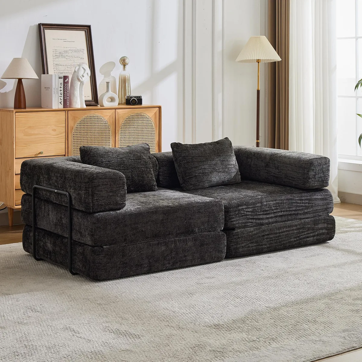 Black chenille convertible floor sofa bed, foldable modular design