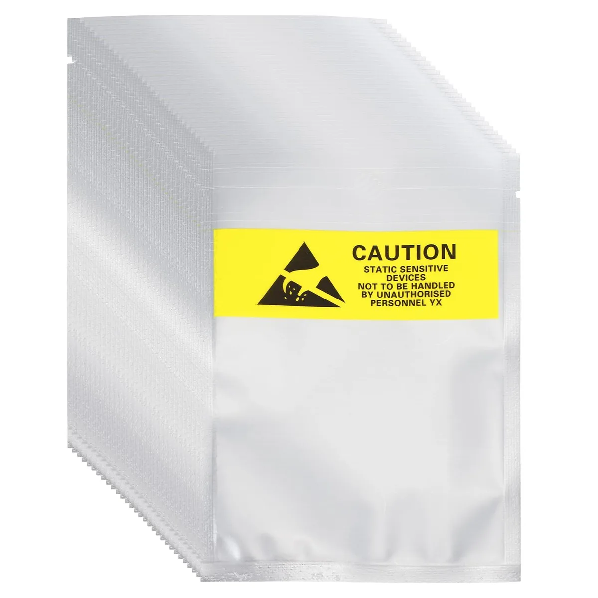 Pack of 200 silver anti-static bags, 3.5 by 5.3 inches, open top with hole and yellow labels