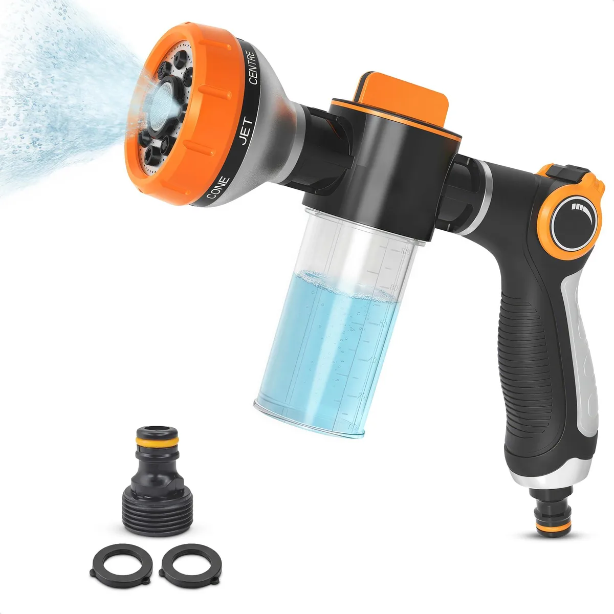  VIKROM Hose Nozzle with Soap Dispenser 3.5 oz Tank 8 Spray Patterns — product photo