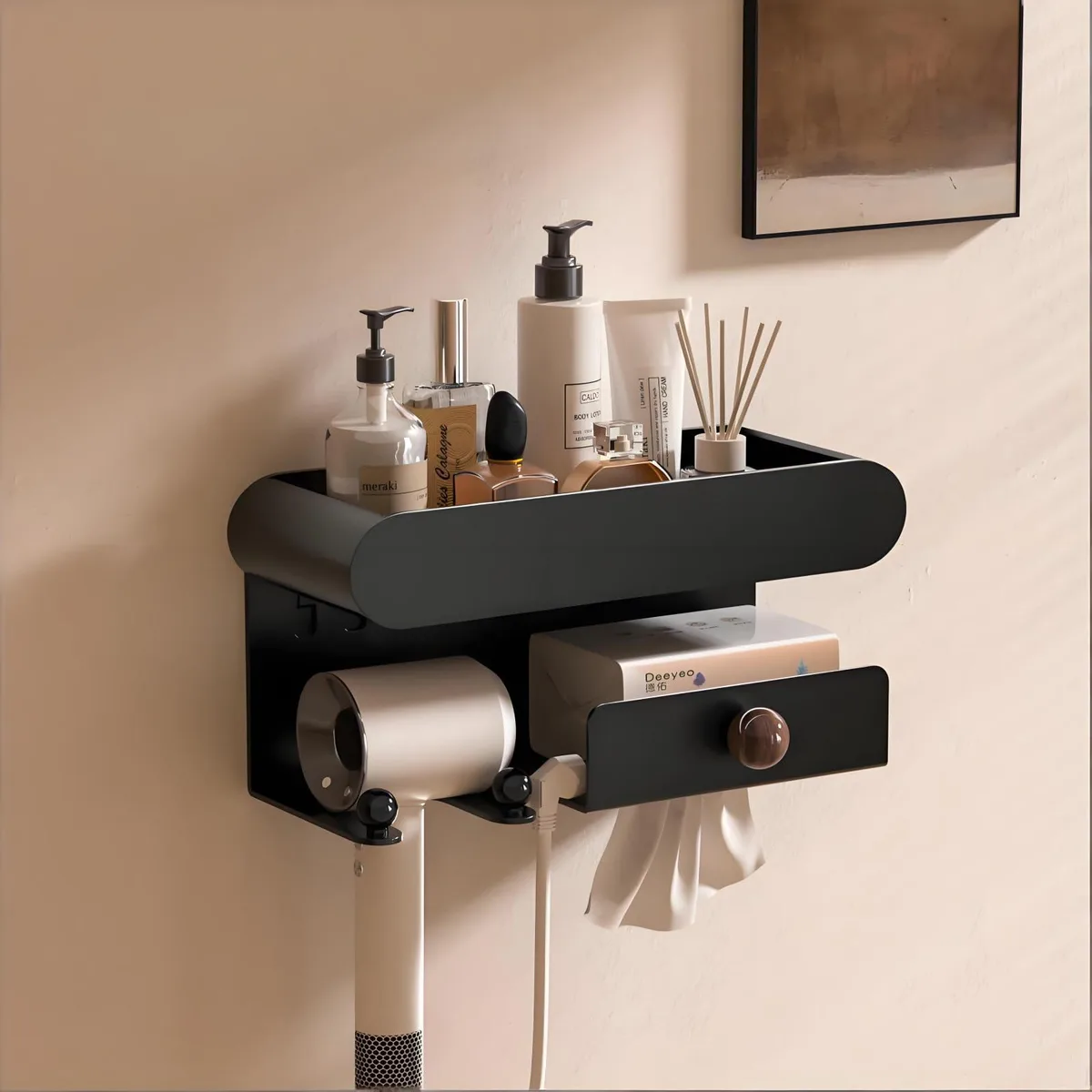 Black painted metal and plastic wall-mounted hair dryer holder with shelf, 16 in wide, 1.2 lb