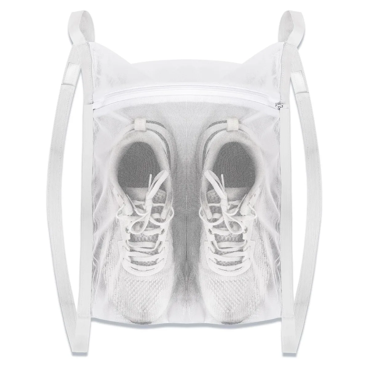 White honeycomb mesh sneaker laundry bag with zipper and straps, 18 inch size