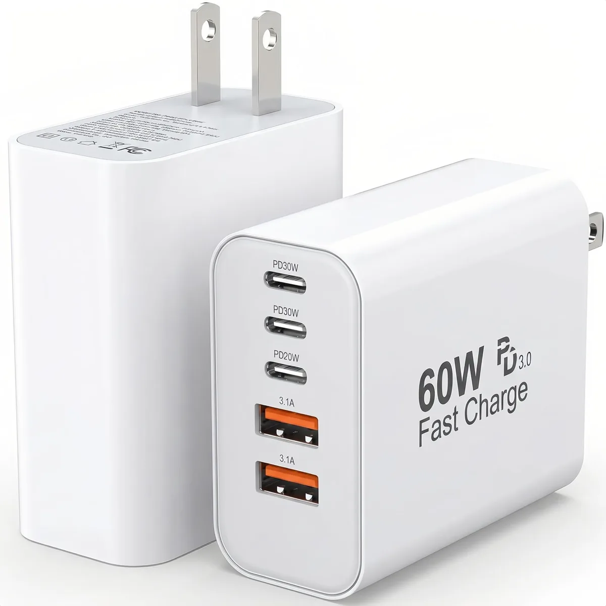 Two white rectangular wall chargers each with three USB-C and two USB-A ports