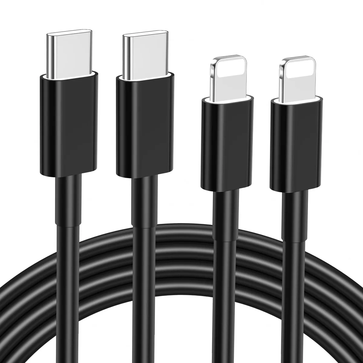Two black USB-C to Lightning cables coiled side by side