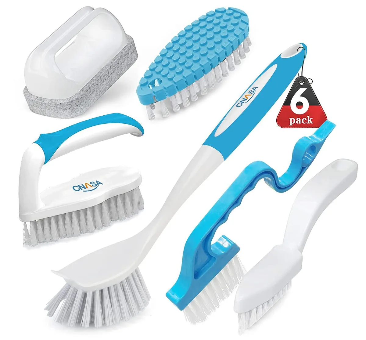 Six assorted cleaning brushes in white plastic with coloured bristles, various handle lengths