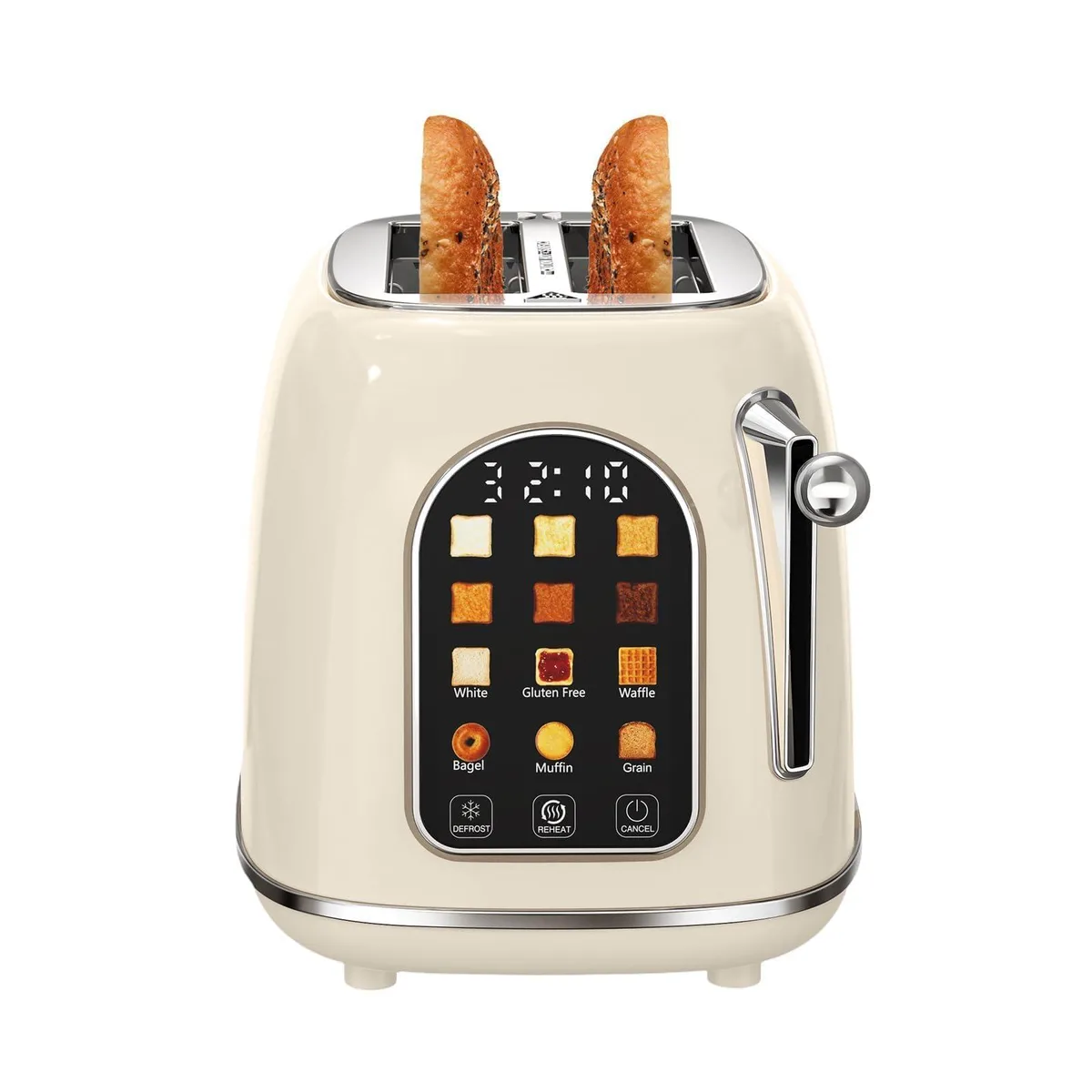 Cream retro two-slice toaster with glossy finish and touchscreen controls