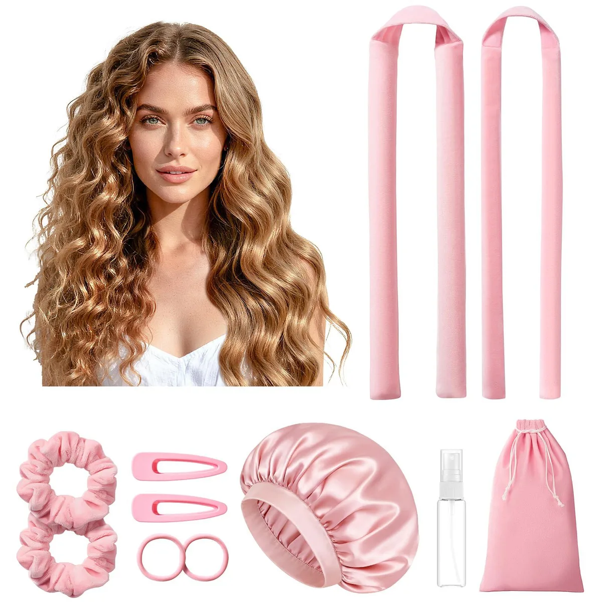 Pink heatless curler set with two foam rods, bonnet, scrunchies, clips, spray bottle and storage bag