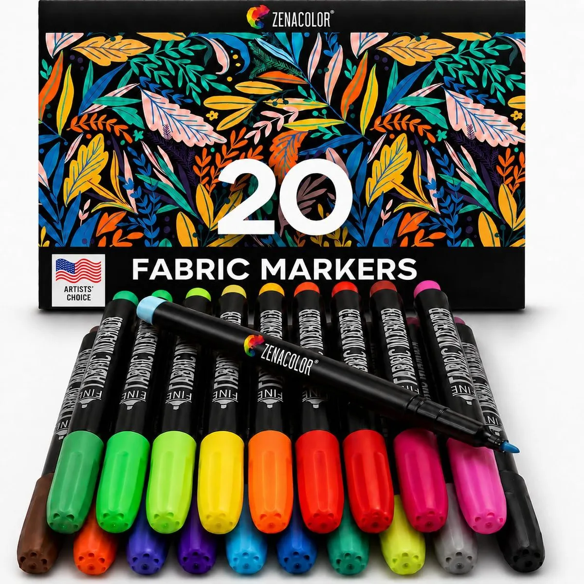 Set of 20 multicolour fabric marker pens with fine tips