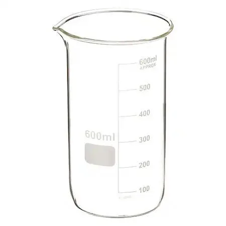 Six clear glass tall-form beakers with pour spouts and 100 mL graduations