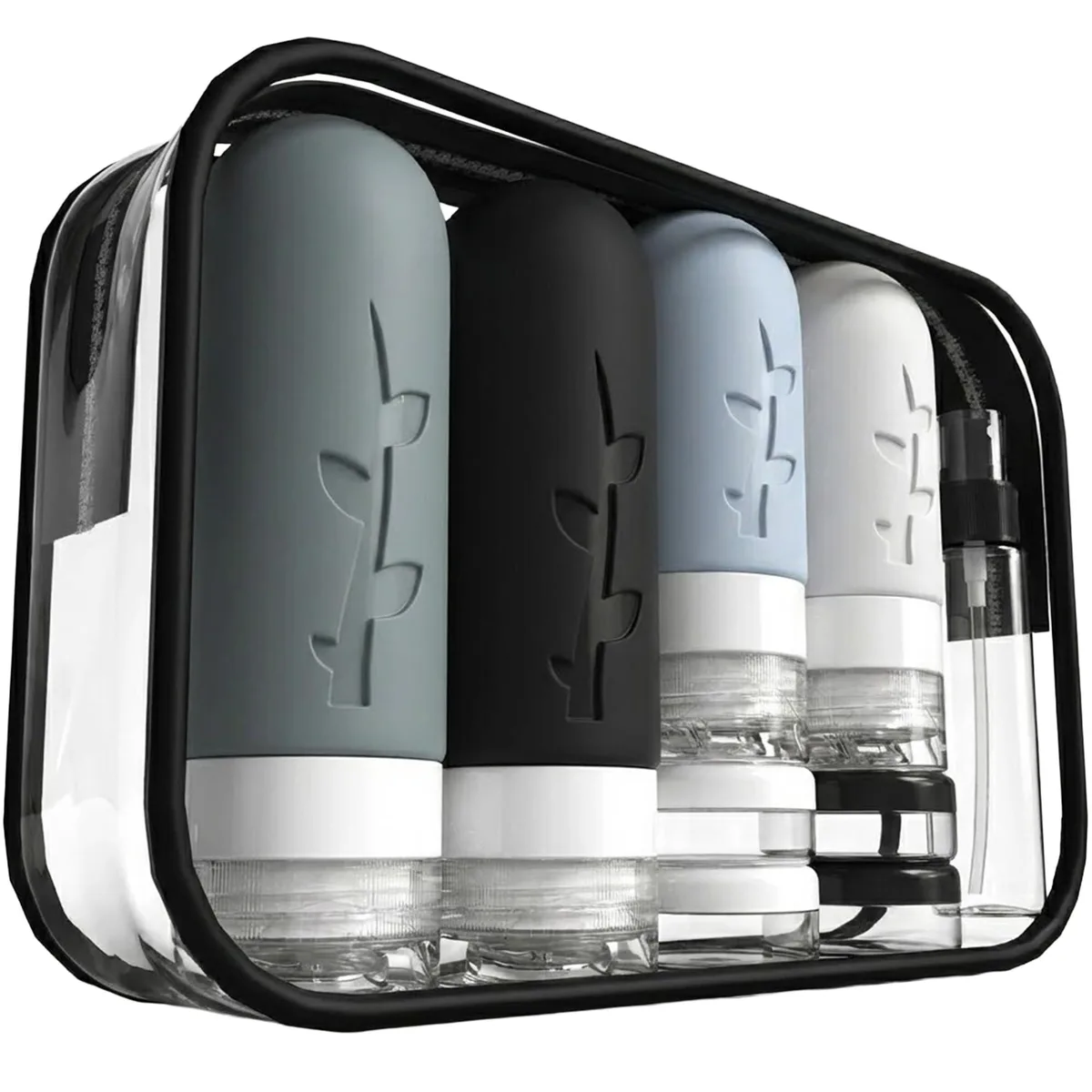 Black zippered case holding sixteen-piece travel bottle and jar set with spray bottles, jars, spoons, funnel, brush