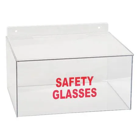 Clear PETG safety glasses dispenser with hinged lid holding 20 pairs