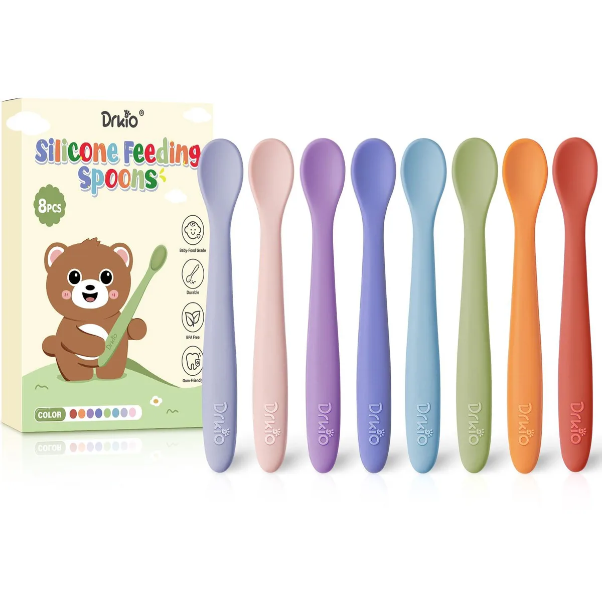 Eight silver silicone baby spoons with colourful handles in a set