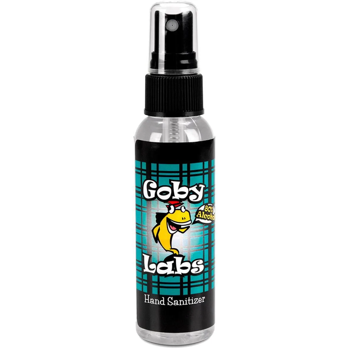 Small 59ml spray bottle with flip-top cap, clear liquid inside, white label with blue text