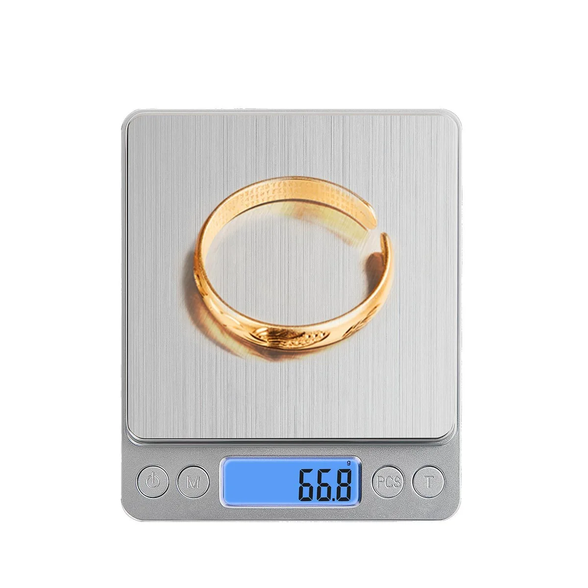 Compact silver digital scale with stainless steel platform, backlit LCD and two removable trays