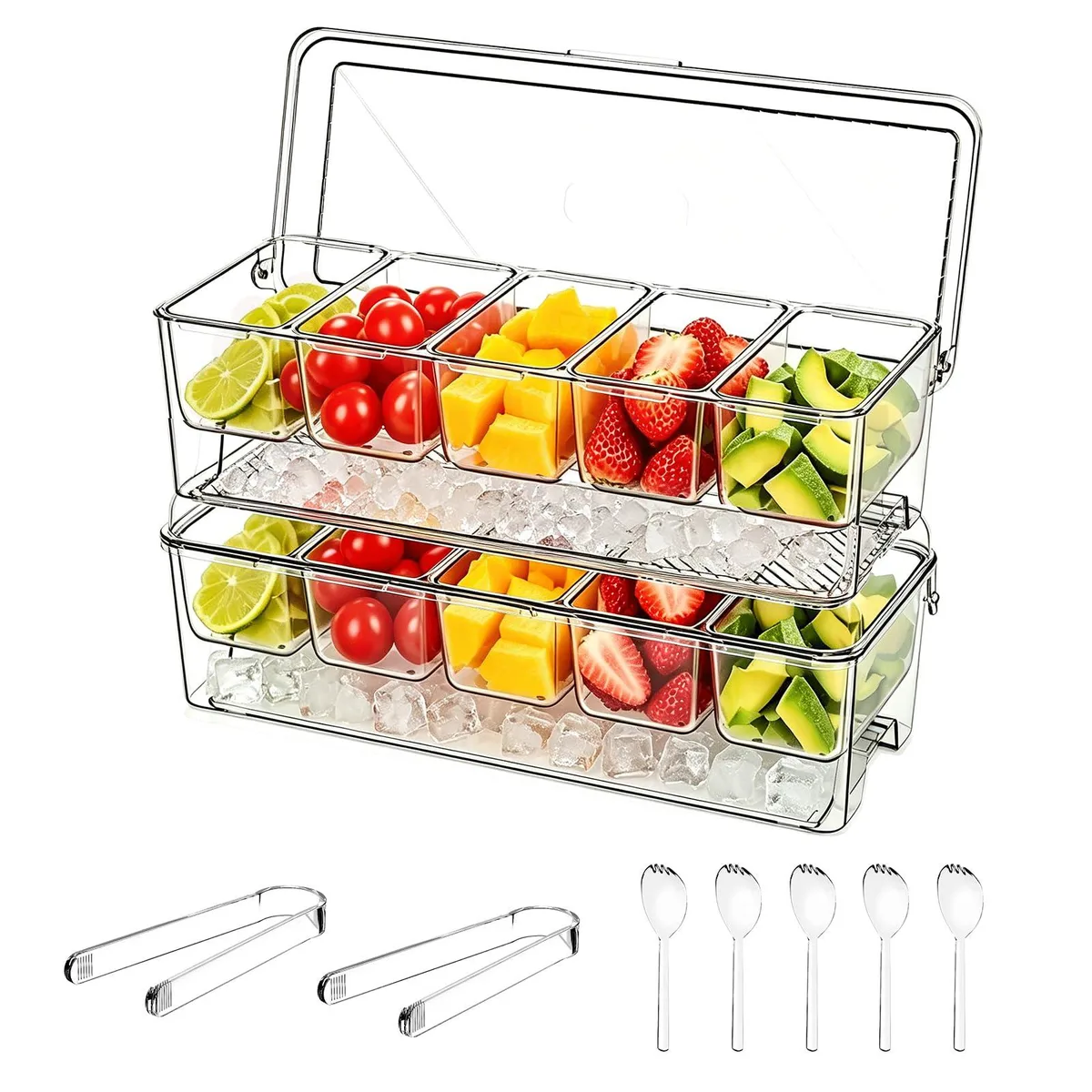 Clear rectangular two-pack condiment caddy with ice chamber, lids, compartments, forks and clips