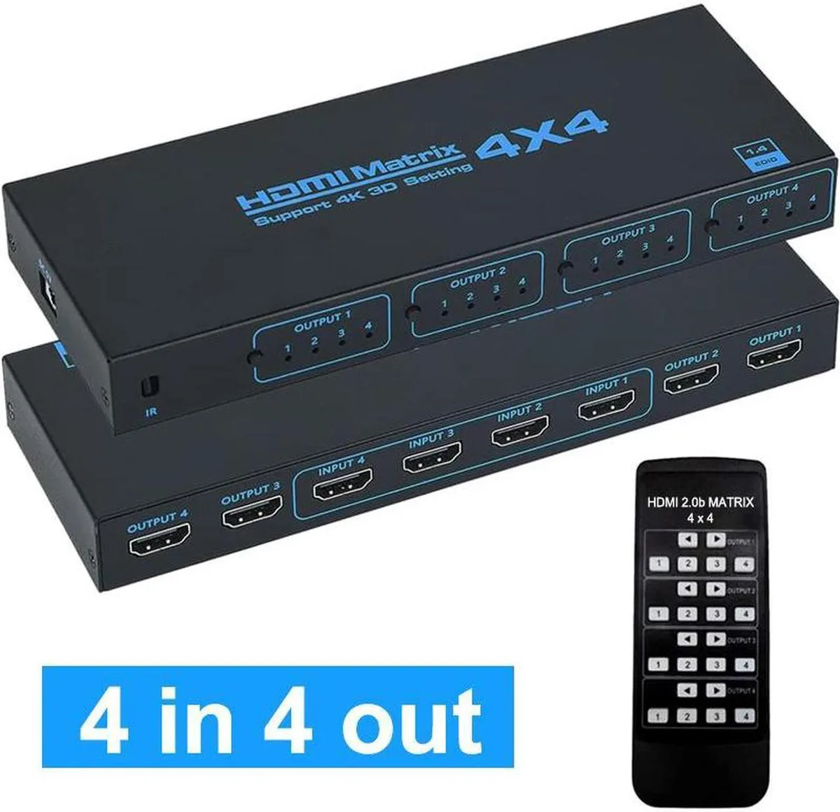 Black rectangular box with four HDMI inputs and four outputs on the rear panel