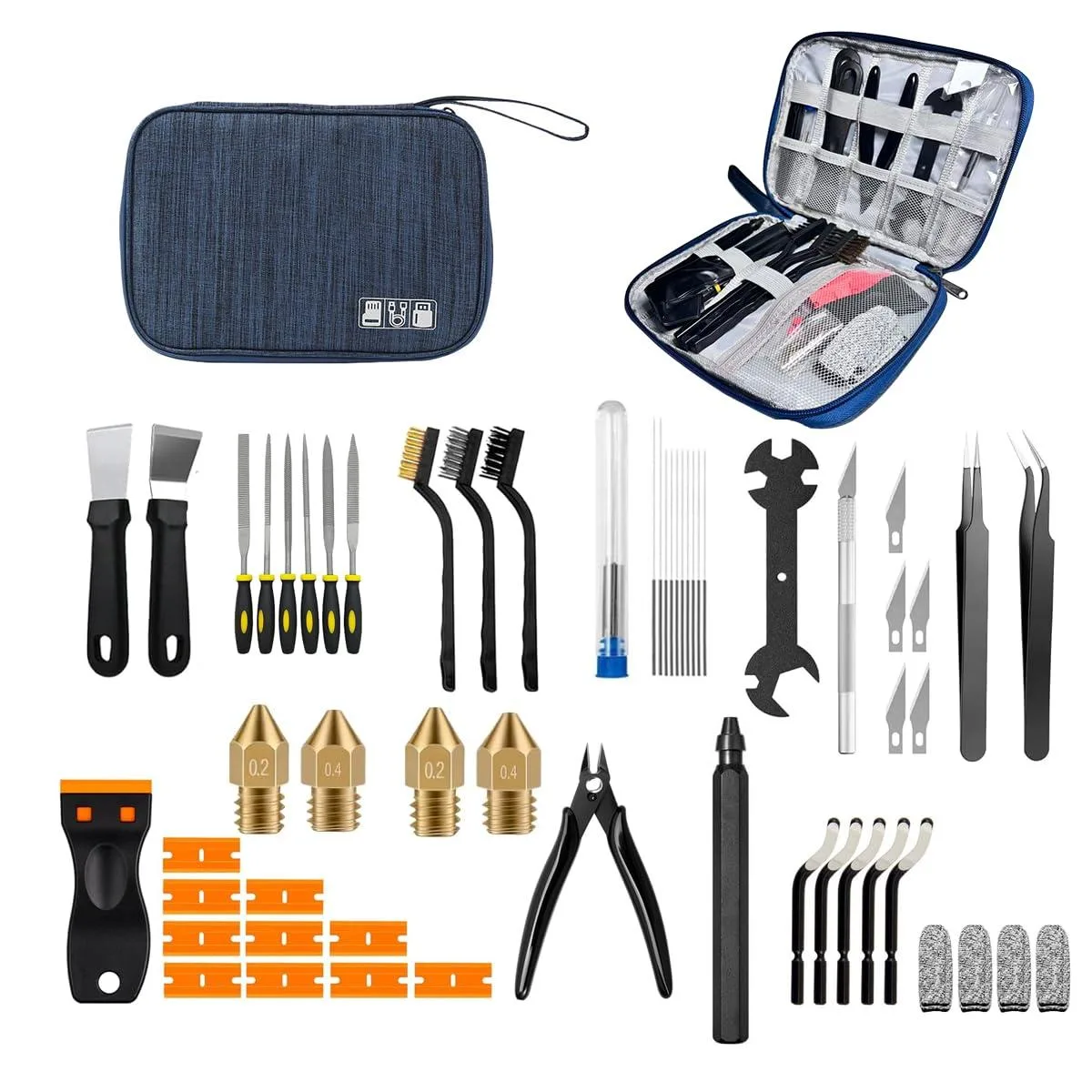 Open black zippered case holding 56 assorted 3D printer tools including scrapers, files, brushes, nozzle cleaners, tweezers