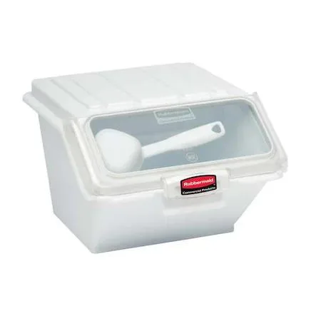 White rectangular ingredient bin with lid and scoop, 15 by 11 3/4 inches