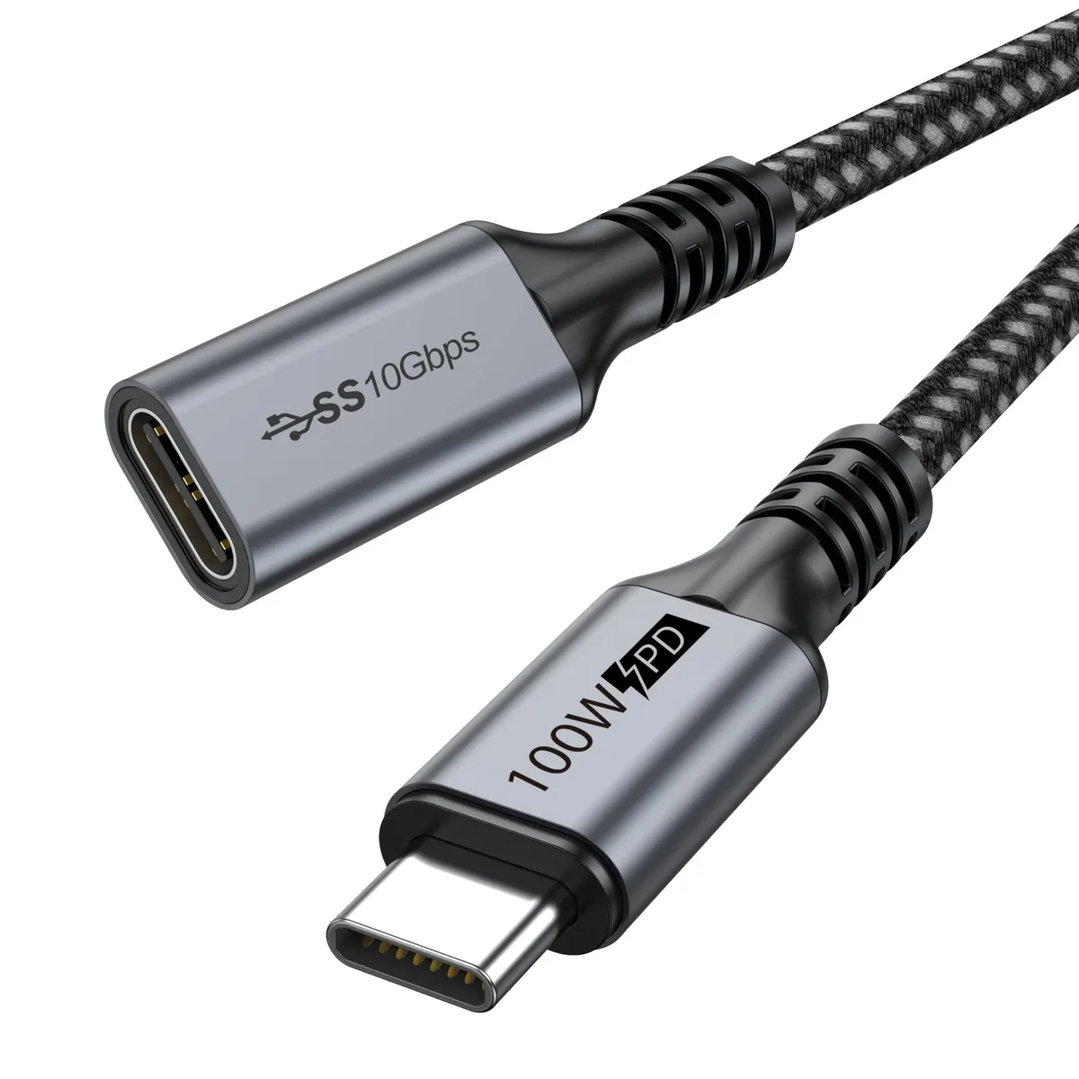 Grey braided USB-C male-to-female extension cable, 3.3 m long