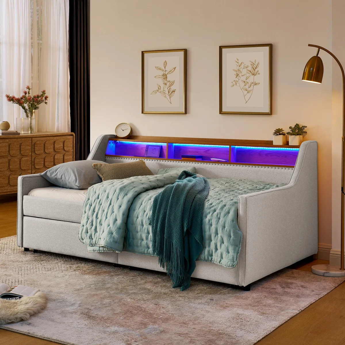 Beige linen twin sofa bed with LED headboard, wireless charger, storage drawers and cubbies