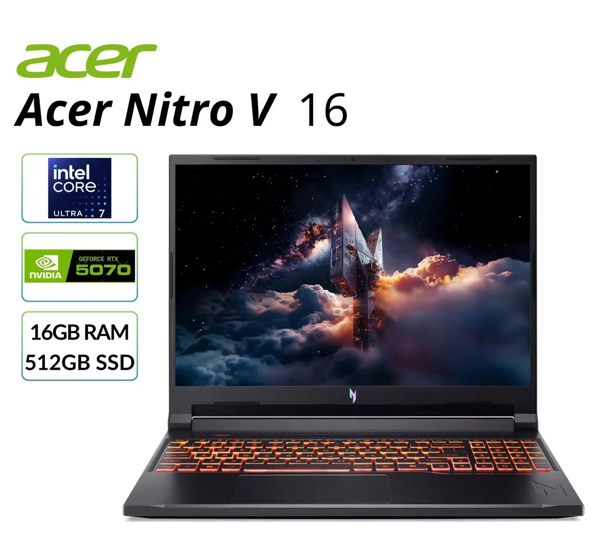 Acer America Acer Nitro V ANV16-72-72ZY 16" WUXGA 180Hz RTX 5070 16GB 512GB Core Ultra 7 gaming laptop — product photo