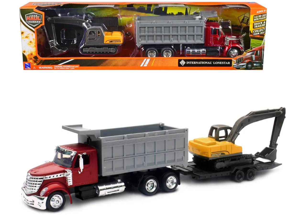 New Ray Toys New Ray Toys International Lonestar Dump Truck Red Tracked Excavator Yellow Flatbed Trailer 1/43 Diecast — product photo
