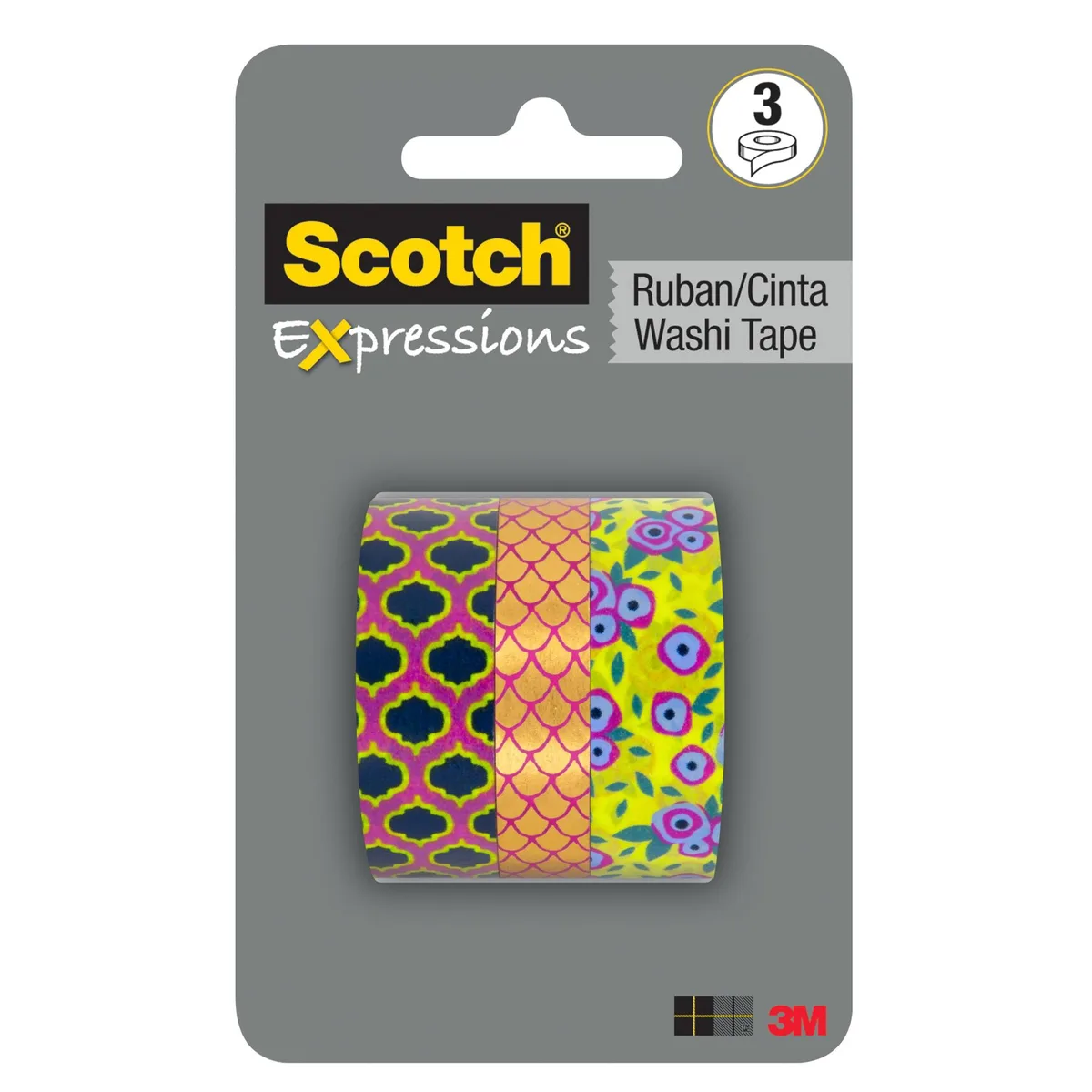 Three rolls of decorative washi tape in assorted patterns, paper finish, tear-by-hand design