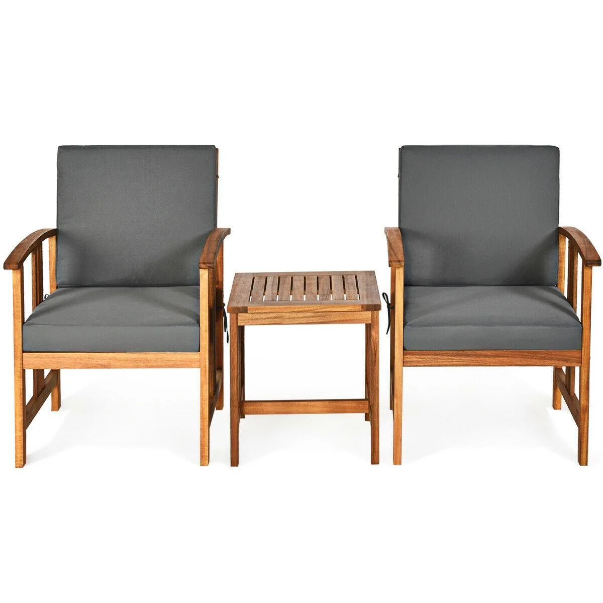 Three-piece grey patio sofa set with acacia wood frames and thick cushions