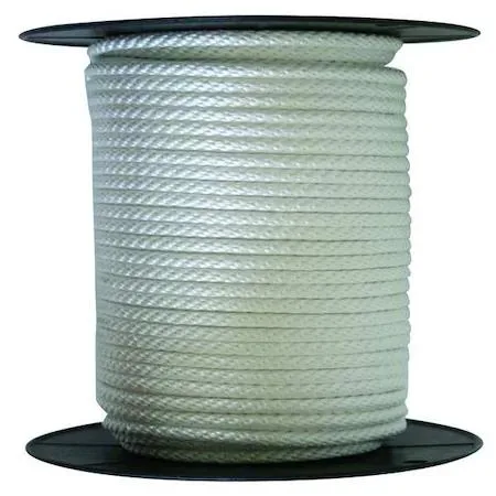 White braided nylon rope on spool, 200 ft length