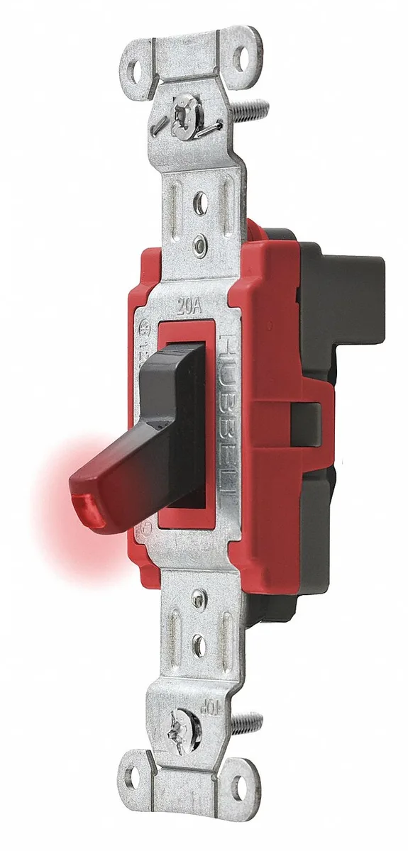 Black toggle wall switch with pilot light, thermoplastic housing, modular wiring back entry