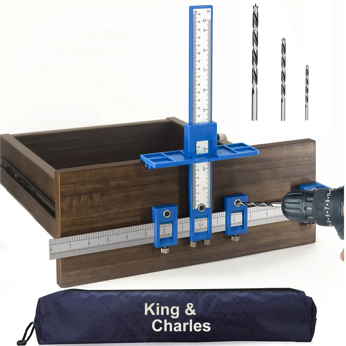 ABS cabinet hardware jig with three drill bits and stainless steel ruler, portable storage bag included