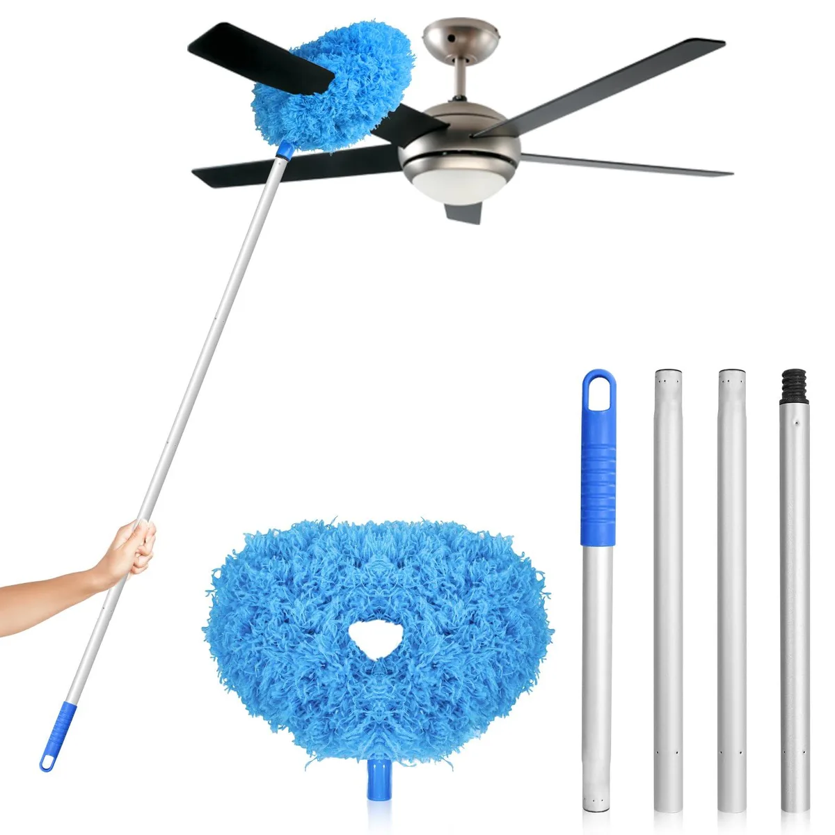 Blue telescopic duster with microfiber head extended to 56 inches