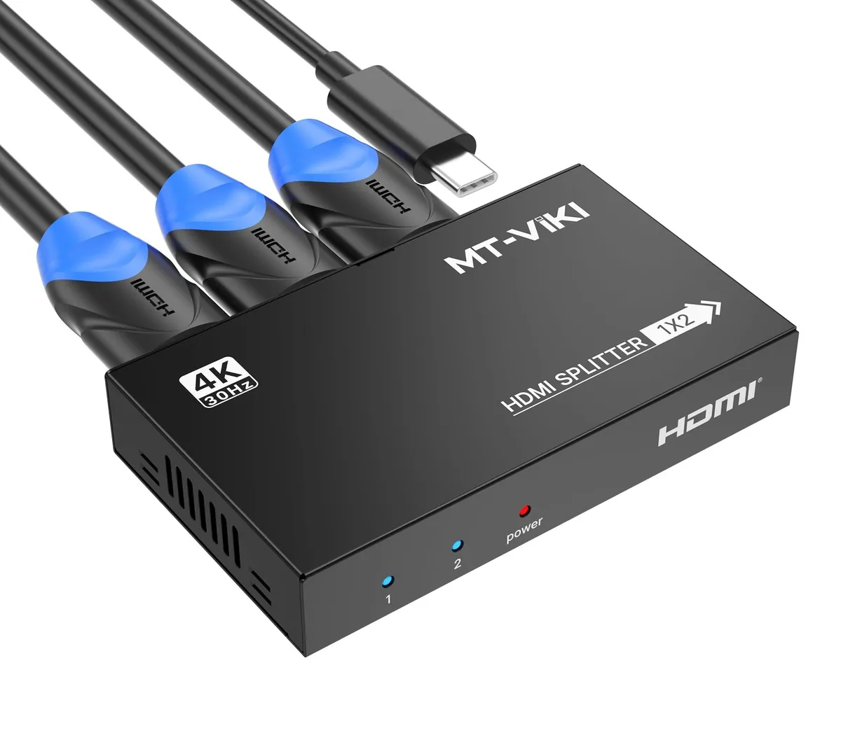 Small black rectangular HDMI splitter with two output ports