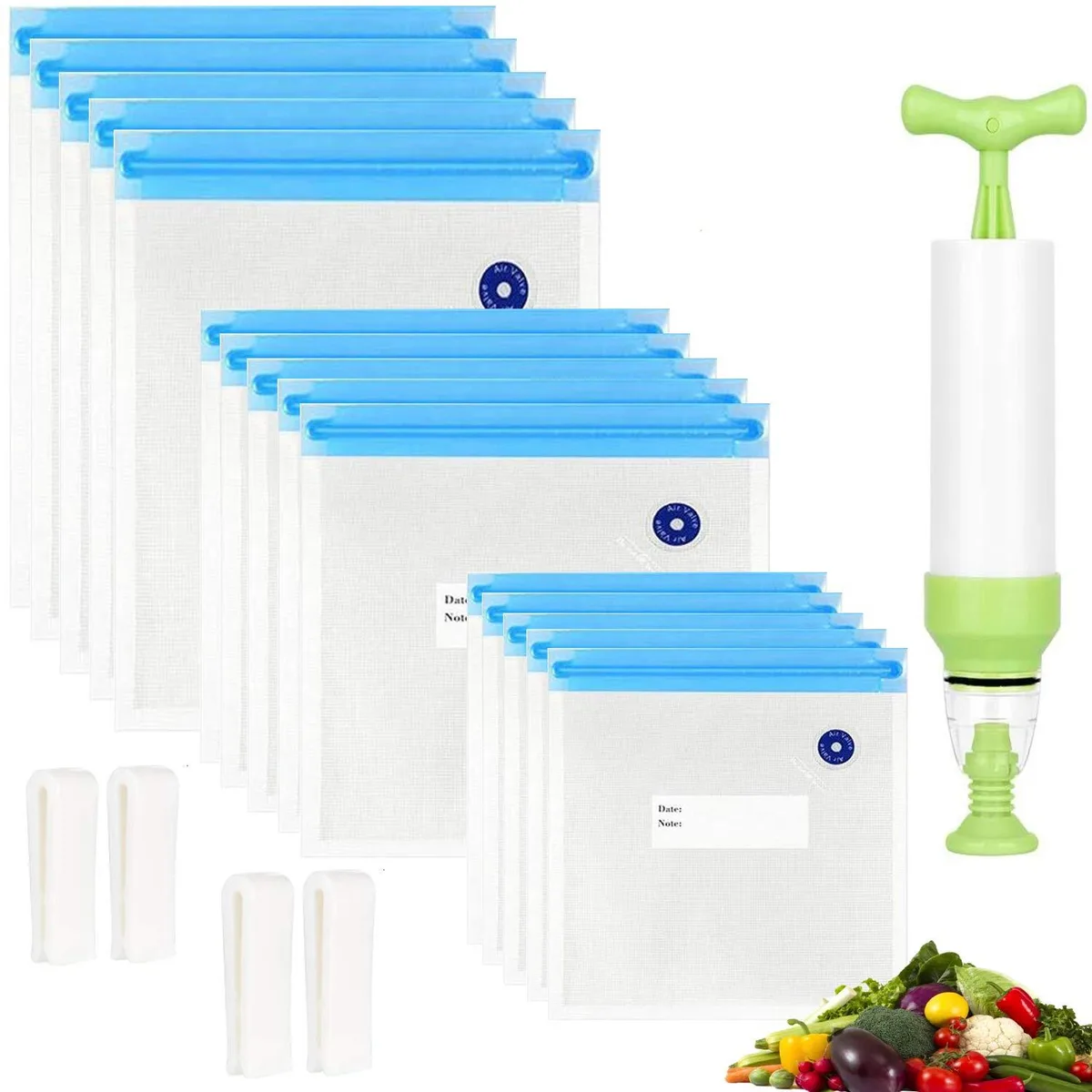 Blue reusable sous vide bag kit with hand pump and sealing clips