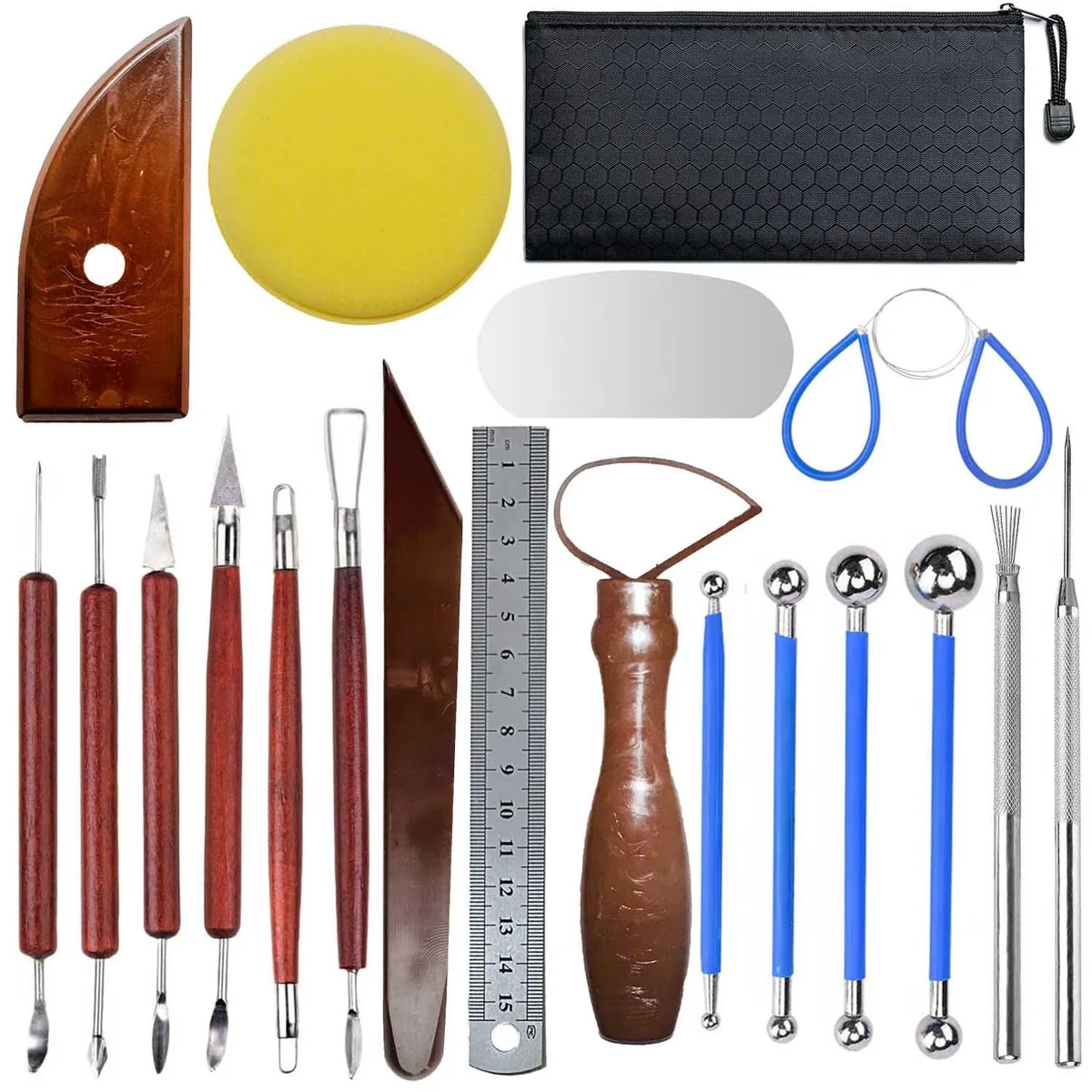 Red 20-piece pottery tool kit with wooden handles and metal tips