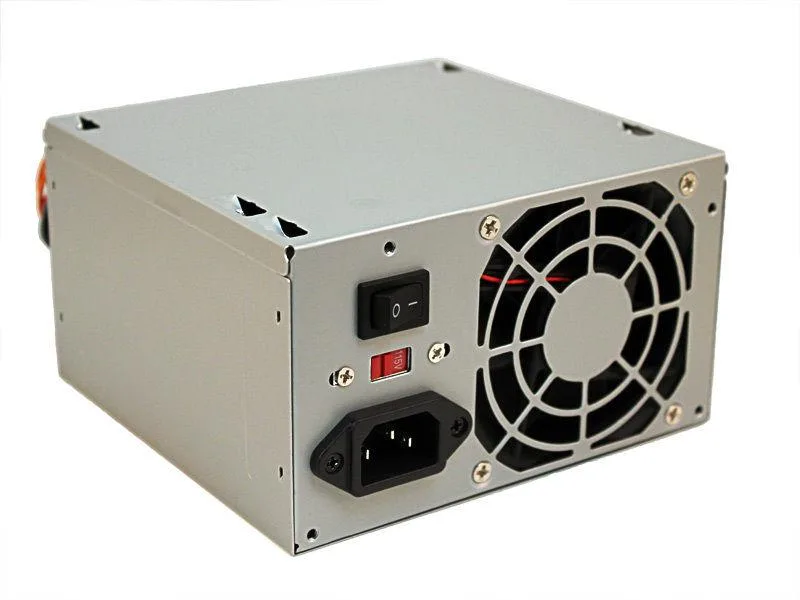 Grey ATX power supply unit with single fan, compact rectangular form factor