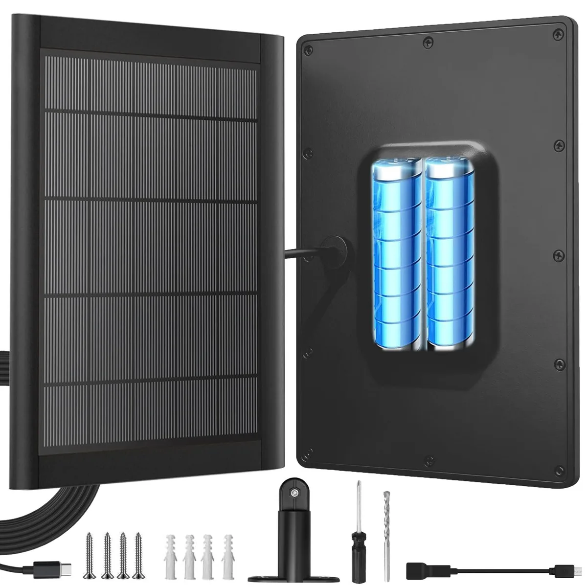 Black rectangular solar panel with aluminium frame and adjustable mount