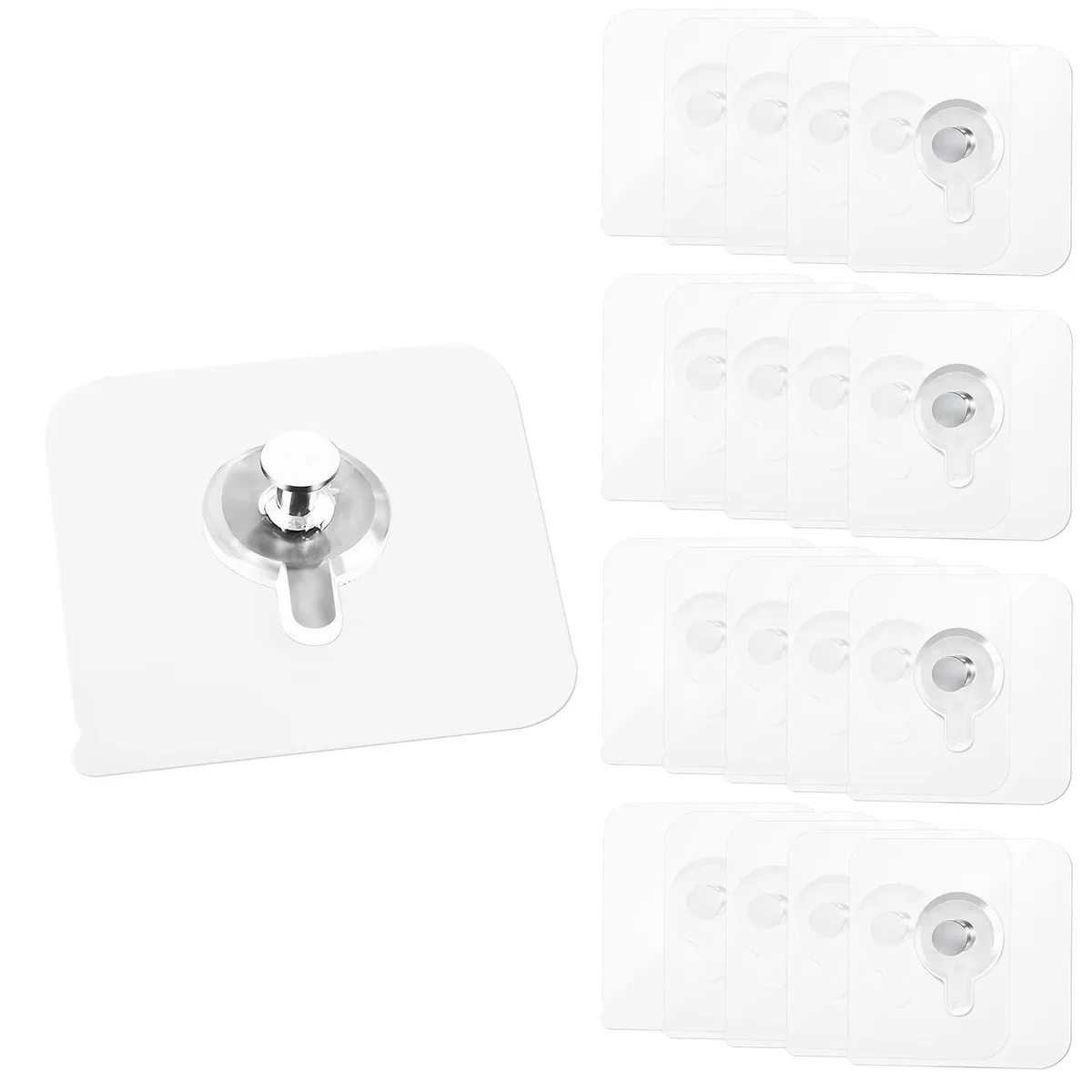 Twenty clear adhesive wall hooks on backing cards