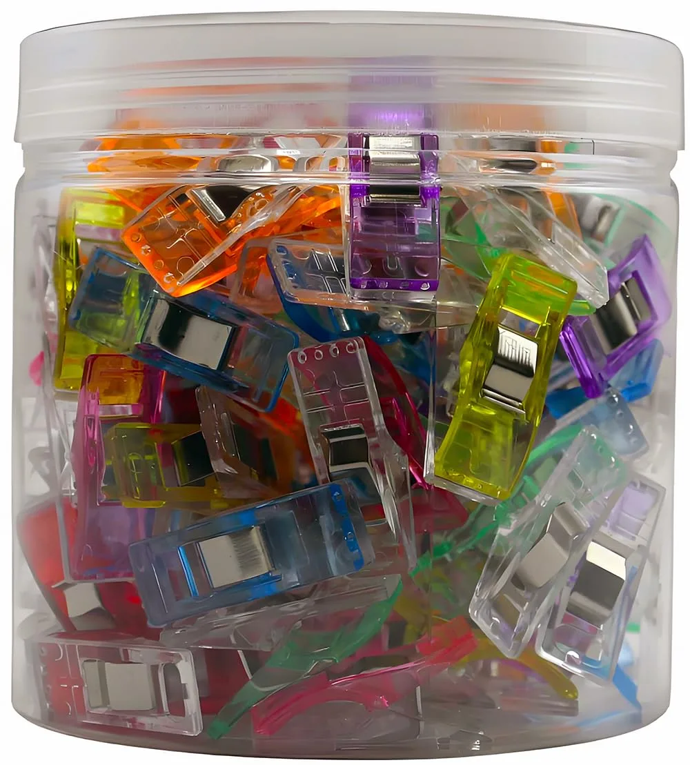 Plastic jar holding 100 multicolour sewing clips with 11mm opening