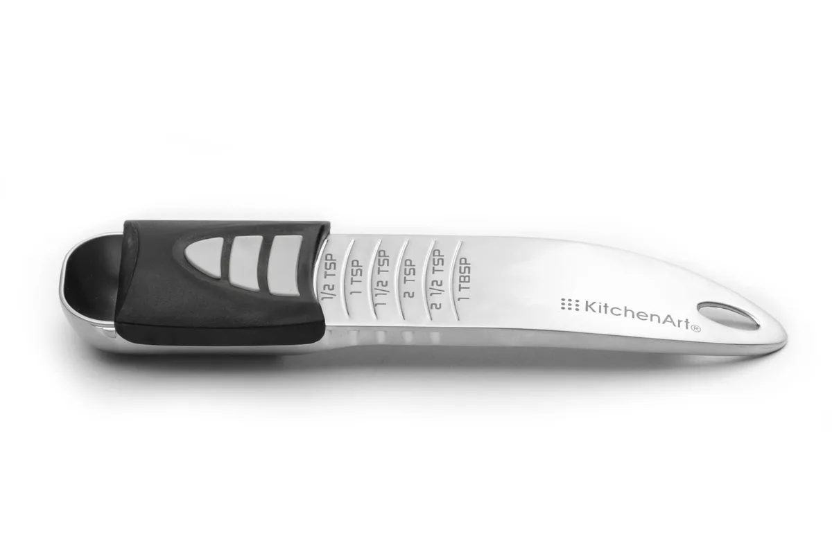 Stainless steel adjustable tablespoon with sliding measure, silver finish