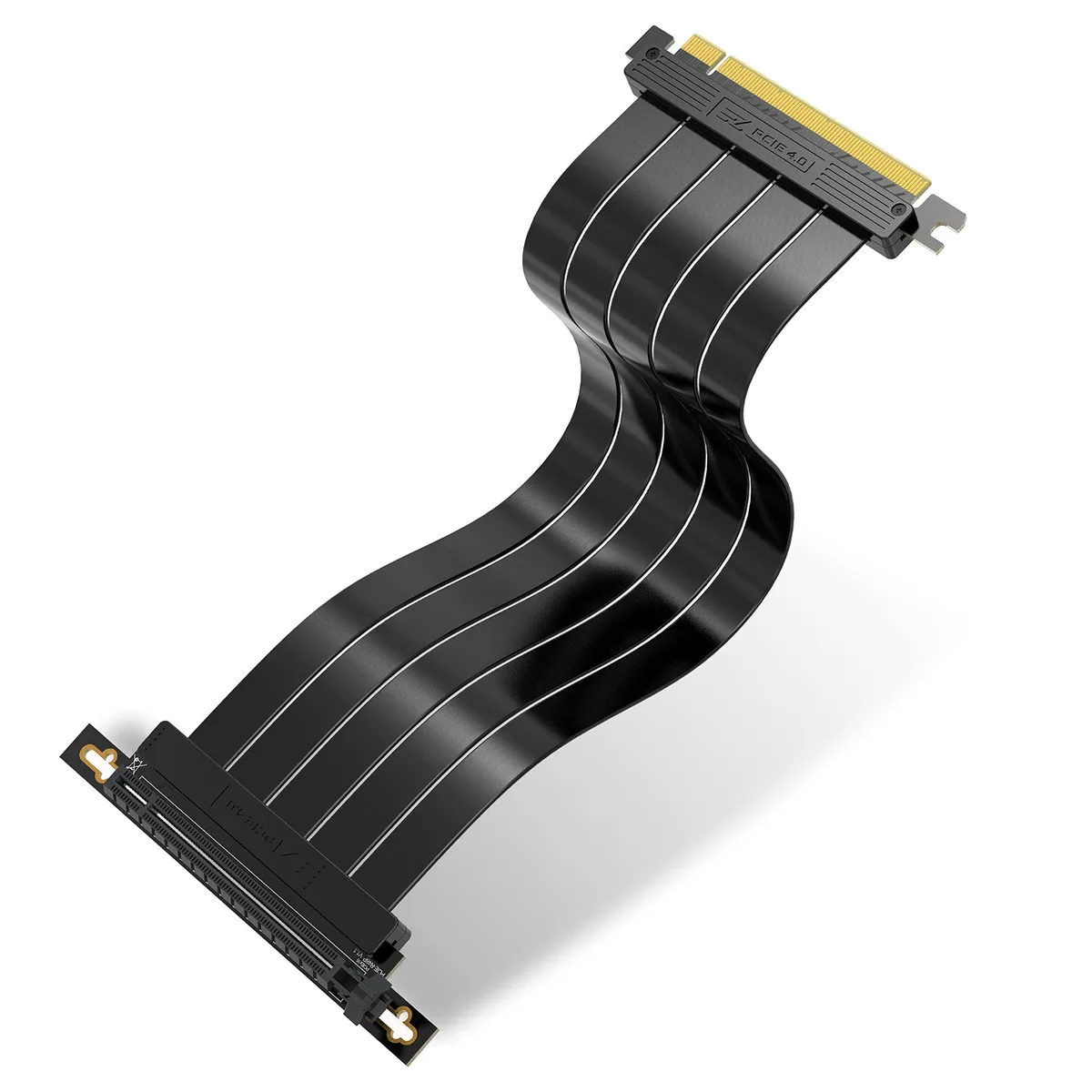 Flat black PCIe 4.0 x16 riser cable, right-angle connector, 30 cm length
