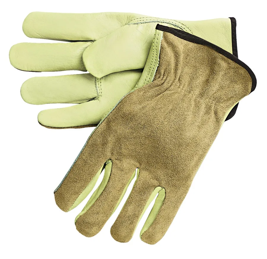 Pair of tan leather drivers gloves with keystone thumbs and shirred elastic cuffs